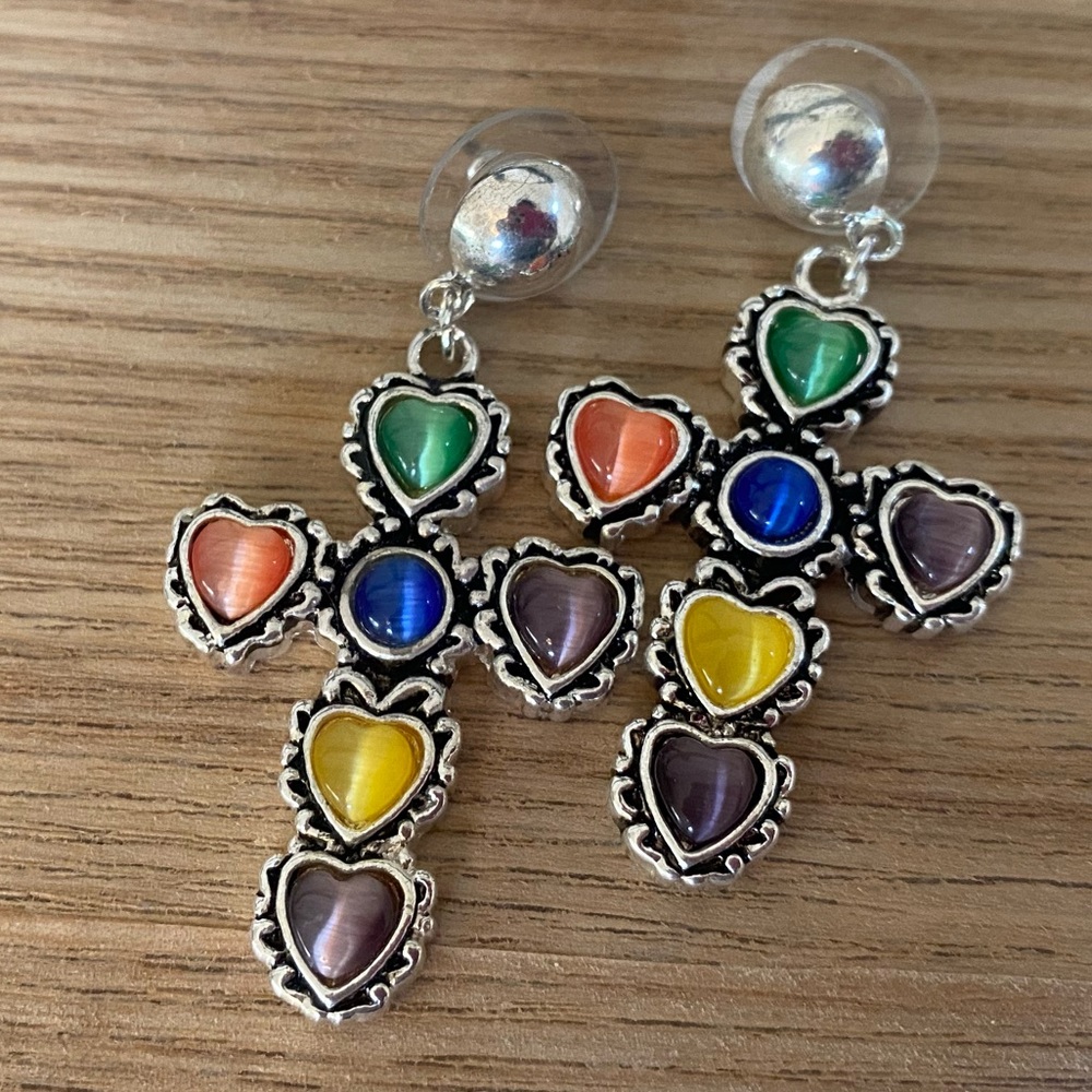 Multicolor Heart Cross Drop Earrings - Picture 3 of 5